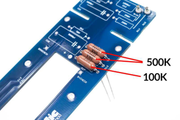 D-12 PCB with R12, R13, and R17 installed — the first resistor group.